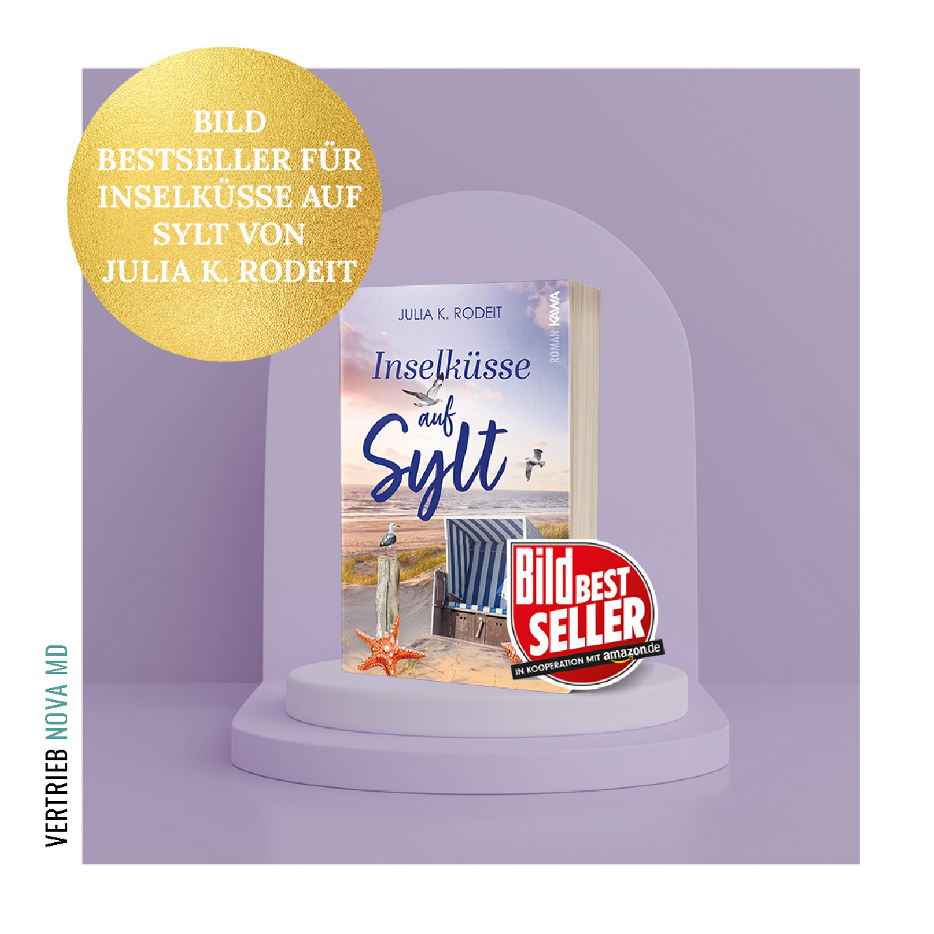 Buch Cover Inselküsse auf Sylt mit BILD Bestseller Auszeichnung innerhalb einer Glass Kuppel vor Lila Hintergrund.